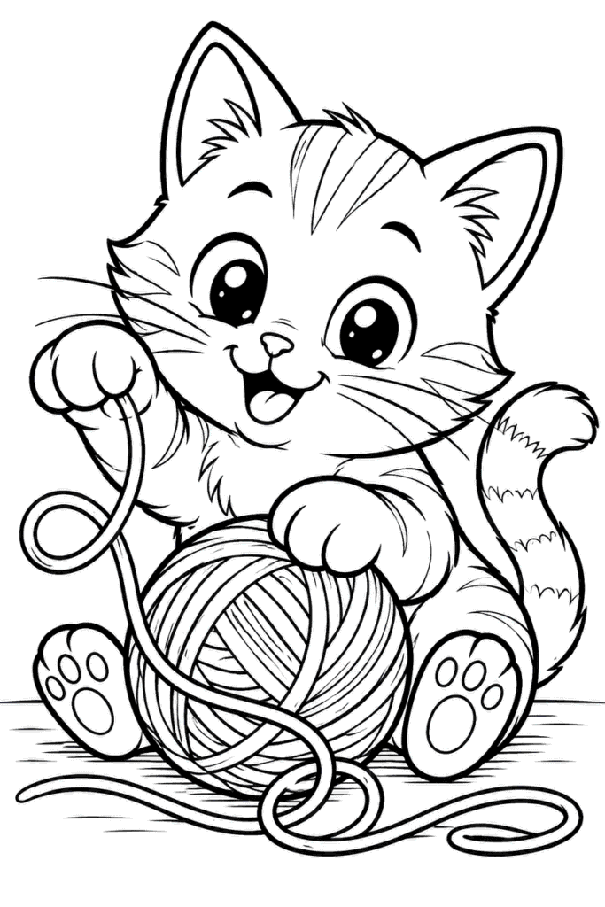 Playful cat coloring page for kids with a kitten playing with a ball of yarn
