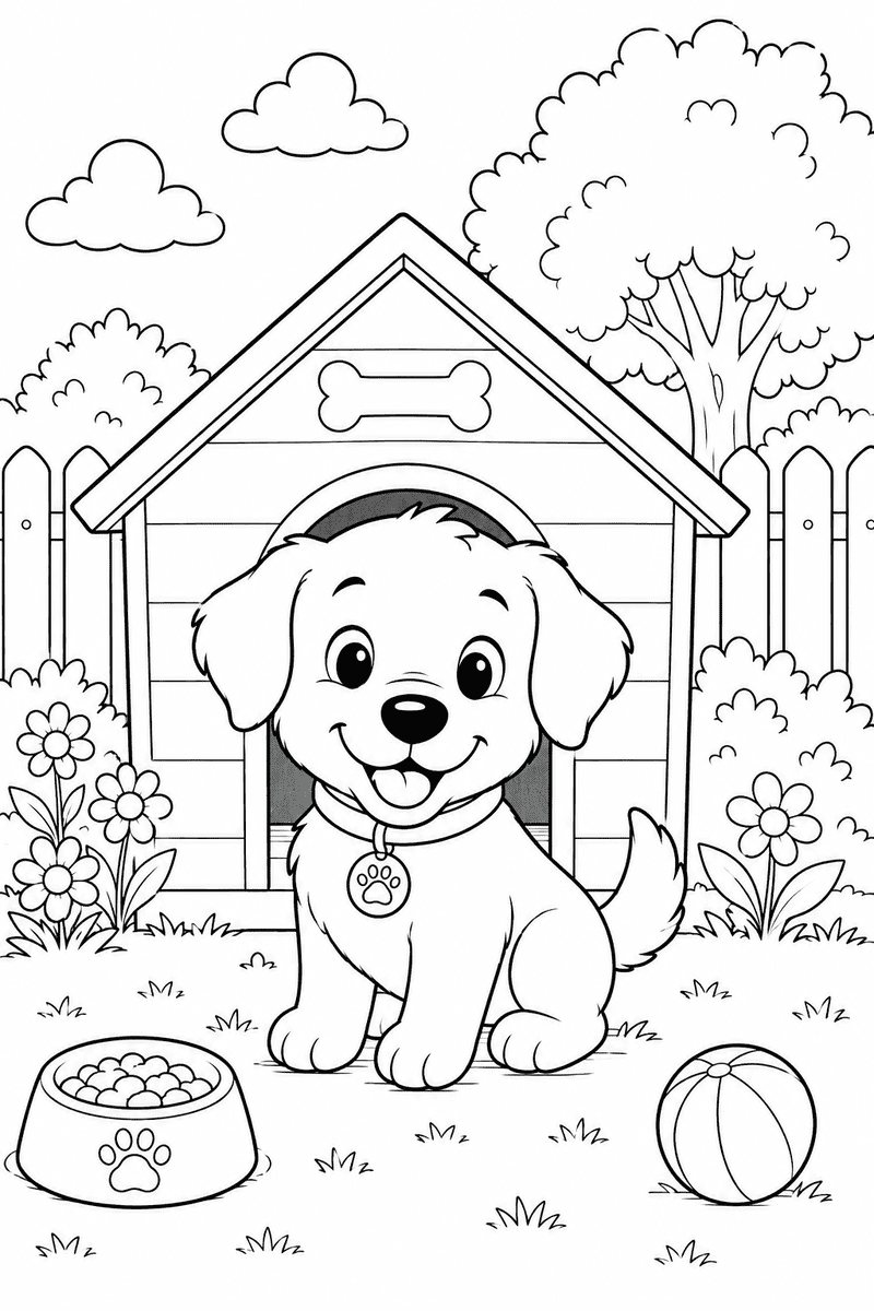 Happy puppy sitting by a doghouse with a food bowl, ball, flowers and garden fence