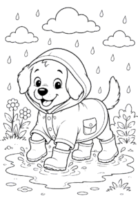 Happy puppy wearing a raincoat and rain boots while splashing in a puddle