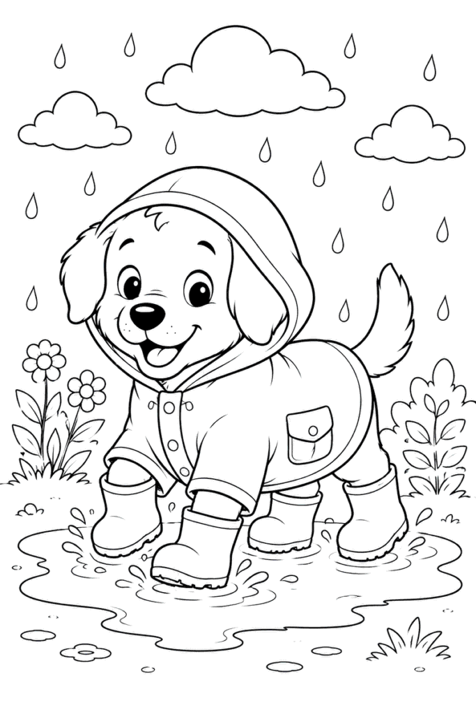 Happy puppy wearing a raincoat and rain boots while splashing in a puddle