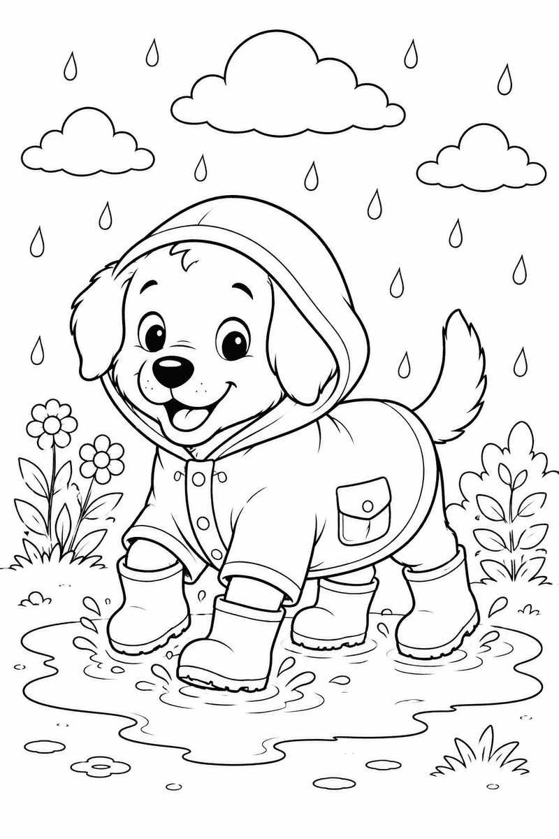 Happy puppy wearing a raincoat and rain boots while splashing in a puddle
