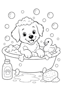 Happy puppy taking a bubble bath with a rubber duck, soap bottle and sponge