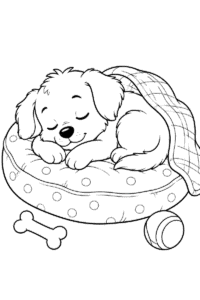 Sleeping puppy on a soft pillow under a blanket with a toy ball and bone